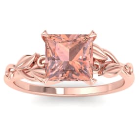 1-1/2 Carat Princess Shape Morganite Ornate Ring In 14K Rose Gold