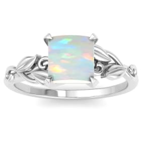 1-1/2 Carat Princess Shape Opal Ring with Floral Design In 14K White Gold