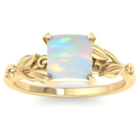 1-1/2 Carat Princess Shape Opal Ring with Floral Design In 14K Yellow Gold