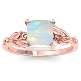 1-1/2 Carat Princess Shape Opal Ring with Floral Design In 14K Rose Gold