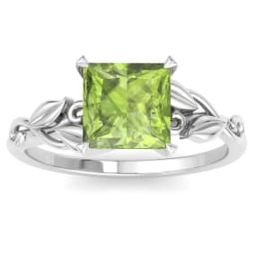 1 1/2 Carat Princess Shape Peridot Ornate Ring In 14K White Gold