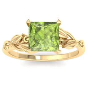 1 1/2 Carat Princess Shape Peridot Ornate Ring In 14K Yellow Gold