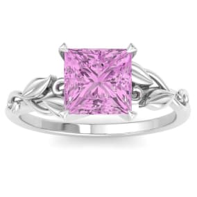1 1/2 Carat Princess Shape Pink Topaz Ornate Ring In 14K White Gold