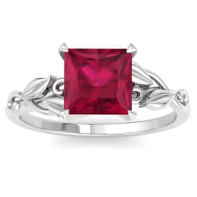 1 1/2 Carat Princess Shape Ruby Ornate Ring In 14K White Gold