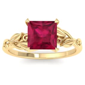 1 1/2 Carat Princess Shape Ruby Ornate Ring In 14K Yellow Gold