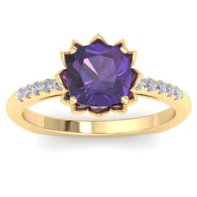 1 1/2 Carat Cushion Cut Amethyst and Diamond Ring In 14K Yellow Gold