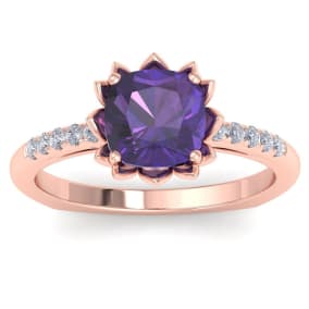 Amethyst Ring: 1 1/2 Carat Cushion Cut Amethyst and Diamond Ring