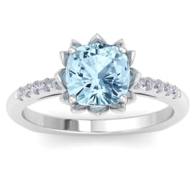 1 1/2 Carat Cushion Cut Aquamarine and Diamond Ring In 14K White Gold