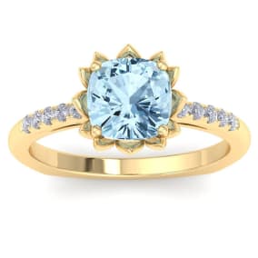 1 1/2 Carat Cushion Cut Aquamarine and Diamond Ring In 14K Yellow Gold