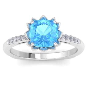 1 1/2 Carat Cushion Cut Blue Topaz and Diamond Ring In 14K White Gold