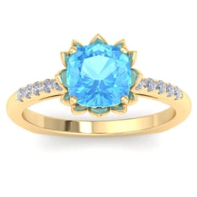 1 1/2 Carat Cushion Cut Blue Topaz and Diamond Ring In 14K Yellow Gold