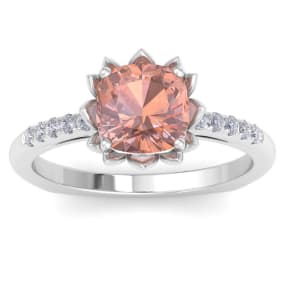 1-1/2 Carat Cushion Cut Morganite and Diamond Ring In 14K White Gold