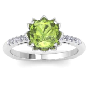 1 1/2 Carat Cushion Cut Peridot and Diamond Ring In 14K White Gold