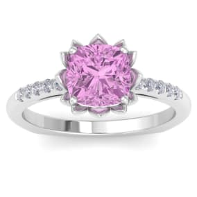 Pink Topaz Ring: 1 1/2 Carat Cushion Cut Pink Topaz and Diamond Ring