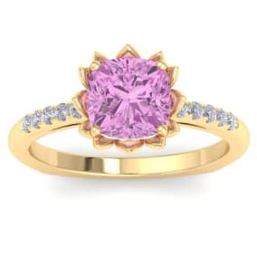 1 1/2 Carat Cushion Cut Pink Topaz and Diamond Ring In 14K Yellow Gold