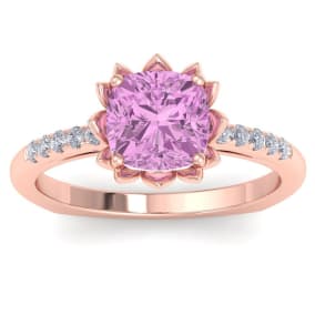 Pink Topaz Ring: 1 1/2 Carat Cushion Cut Pink Topaz and Diamond Ring