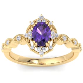 1 Carat Amethyst and Halo Diamond Ring In 14K Yellow Gold
