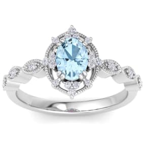 1 Carat Aquamarine and Halo Diamond Ring In 14K White Gold