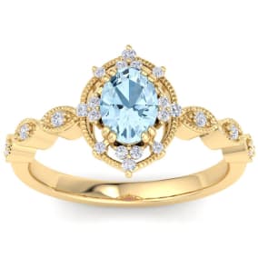 1 Carat Aquamarine and Halo Diamond Ring In 14K Yellow Gold