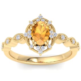 1 Carat Citrine and Halo Diamond Ring In 14K Yellow Gold