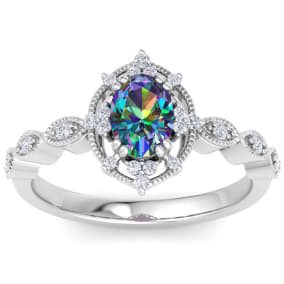 1 Carat Round Shape Mystic Topaz Ring With Diamond Halo In 14 Karat White Gold