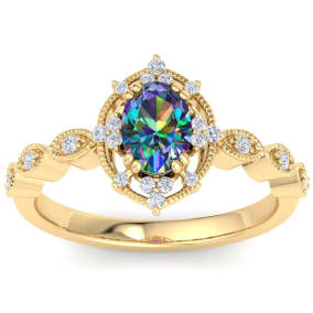 1 Carat Round Shape Mystic Topaz Ring With Diamond Halo In 14 Karat Yellow Gold