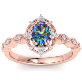 1 Carat Round Shape Mystic Topaz Ring With Diamond Halo In 14 Karat Rose Gold