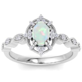 1 Carat Opal Ring with Fancy Halo Diamonds In 14K White Gold