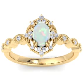 1 Carat Opal Ring with Fancy Halo Diamonds In 14K Yellow Gold