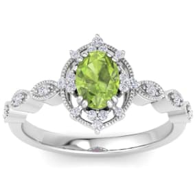 1 Carat Peridot and Halo Diamond Ring In 14K White Gold