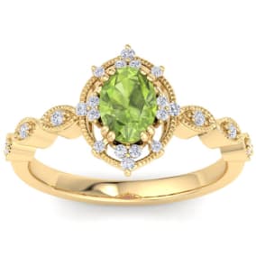 1 Carat Peridot and Halo Diamond Ring In 14K Yellow Gold