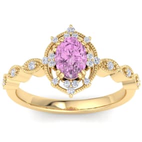 1 Carat Pink Topaz and Halo Diamond Ring In 14K Yellow Gold