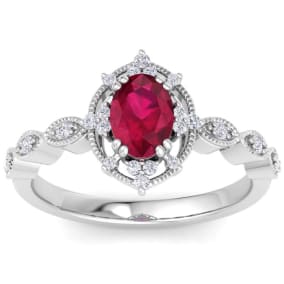 1 Carat Ruby and Halo Diamond Ring In 14K White Gold