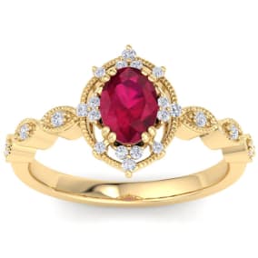 1 Carat Ruby and Halo Diamond Ring In 14K Yellow Gold