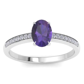 1 Carat Oval Shape Amethyst and Diamond Ring In 14K White Gold