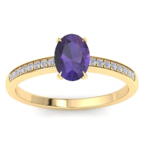 1 Carat Oval Shape Amethyst and Diamond Ring In 14K Yellow Gold