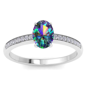 1 Carat Oval Shape Mystic Topaz Ring and Diamonds In 14 Karat White Gold