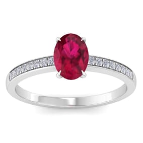 1 Carat Oval Shape Ruby and Diamond Ring In 14K White Gold