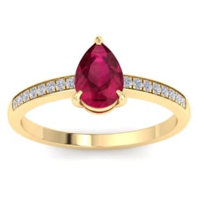 1 1/4 Carat Pear Shape Ruby and Diamond Ring In 14K Yellow Gold