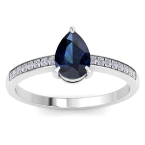 1 1/4 Carat Pear Shape Sapphire and Diamond Ring In 14K White Gold