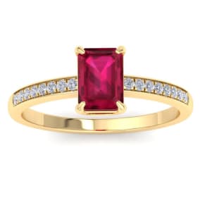 1 1/4 Carat Emerald Cut Ruby and Diamond Ring In 14K Yellow Gold