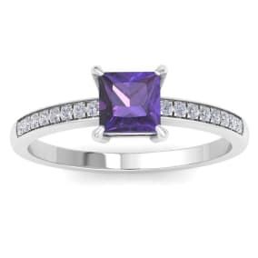 1 1/4 Carat Princess Cut Amethyst and Diamond Ring In 14K White Gold