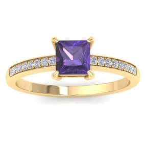 1 1/4 Carat Princess Cut Amethyst and Diamond Ring In 14K Yellow Gold