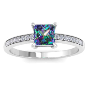 1-1/4 Carat Princess Shape Mystic Topaz Ring and Diamonds In 14 Karat White Gold