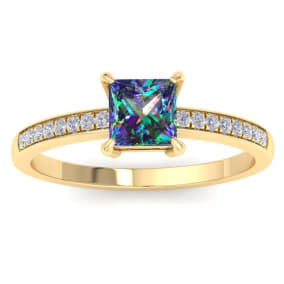 1-1/4 Carat Princess Shape Mystic Topaz Ring and Diamonds In 14 Karat Yellow Gold