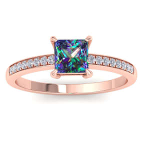 1-1/4 Carat Princess Shape Mystic Topaz Ring and Diamonds In 14 Karat Rose Gold