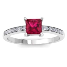 1 1/4 Carat Princess Cut Ruby and Diamond Ring In 14K White Gold