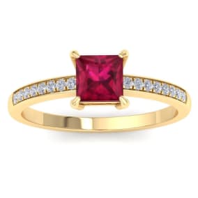 1 1/4 Carat Princess Cut Ruby and Diamond Ring In 14K Yellow Gold