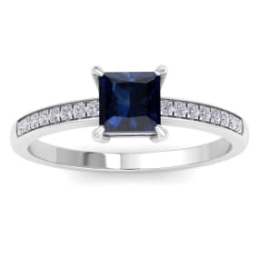 1 1/4 Carat Princess Cut Sapphire and Diamond Ring In 14K White Gold