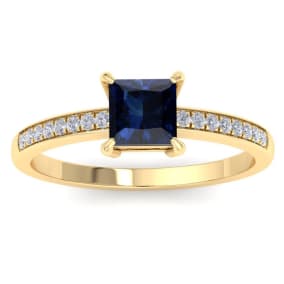 1 1/4 Carat Princess Cut Sapphire and Diamond Ring In 14K Yellow Gold